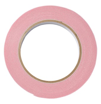 Roll of red double-sided tape on a white isolated background, repair and defect-fixing tool