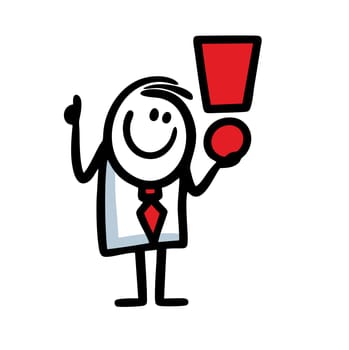 A man in a business suit holds a red exclamation mark to attract attention and talks about important information.