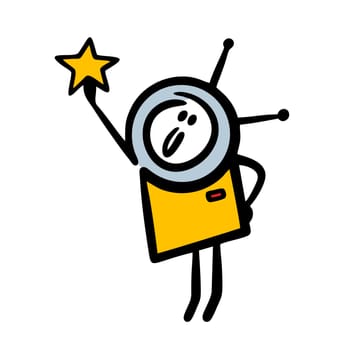 Cartoon funny little astronaut holds a star in his outstretched hand.