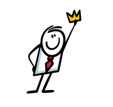 Funny businessman holds a golden crown in rising up hand.