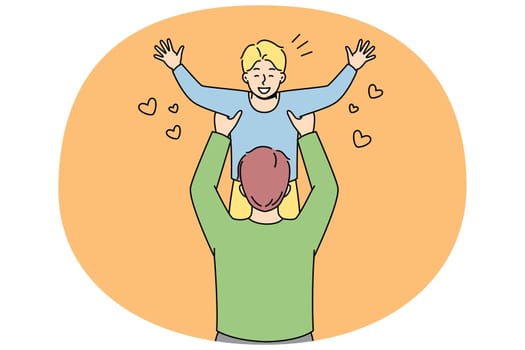 Happy father holding in arms playing with excited small son. Loving dad have fun on weekend with smiling child. Fatherhood and parenthood. Vector illustration.