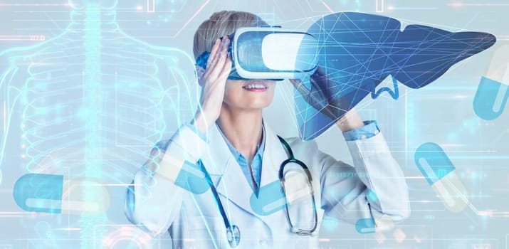 Woman doctor using virtual reality headset to study patient liver