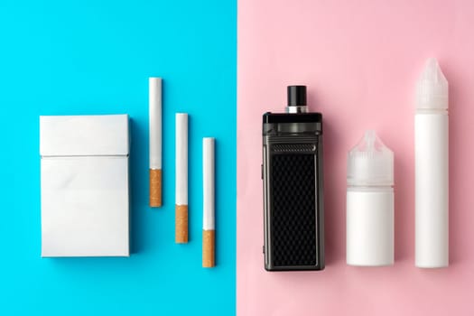 Regular cigarettes and electronic cigarette on color background