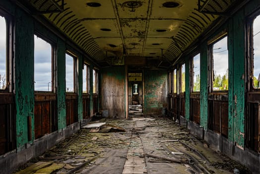 Interior of old messy passenger carriage