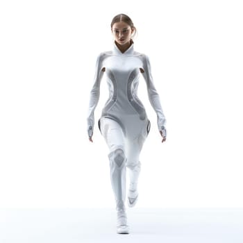 Young woman in clothes of the future on a white background. Fashion