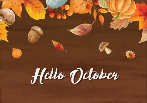Hello october with ornate of leaves flower background. Autumn october hand drawn lettering template design.