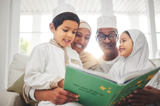 Happy family, Muslim parents or kids reading book for learning, Islamic info or studying Allah. Support, father or Arab mom teaching lovely children siblings worship, prayer or knowledge at home