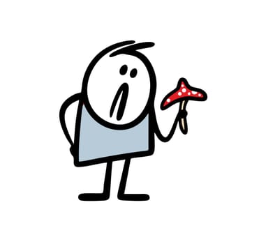 Mushroom stick figure hunter holds a red fly agaric with upset face.