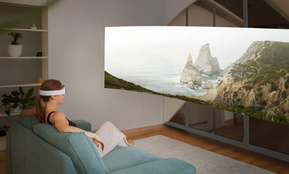 Woman In VR Headset Watching Video At Digital Screen Indoor