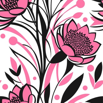 Floral seamless pattern with pinck accent color and black outlines