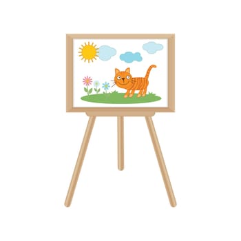 A drawing board with an image of a cute cat in a meadow with flowers. Children s drawing. Cartoon children s picture. Vector