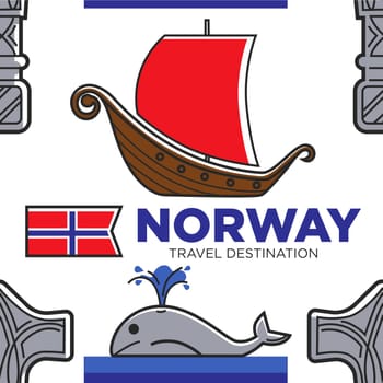 Norwegian culture and history Norway travel destination seamless pattern vector ship and whale Thor hammer and national flag endless texture vikings vessel and mythology wild aquatic animal wallpaper.