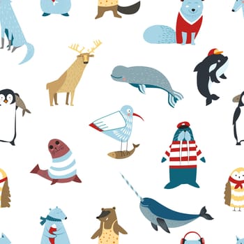Arctic animals and birds seamless pattern vector reindeer and seal whale and penguin walrus and wolf bear and owl gull with fish and narwhal endless texture fish and mammals wallpaper print.