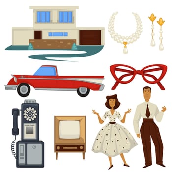 1950s fashion style and architecture, epoch symbols, technology and car