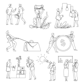 Business and startup isolated outline icons, office workers and cooperation