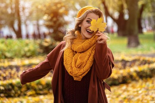 Happy laughing woman hide eye with a yellowed leaf in yellow knitted beret with autumn leaves in hand and fall yellow garden or park. Beautiful smiling young woman in autumn foliage