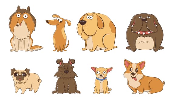 Set of funny cartoon big and small dogs in flat style. vector illustration of friendly pets of different breeds with well-groomed fur.