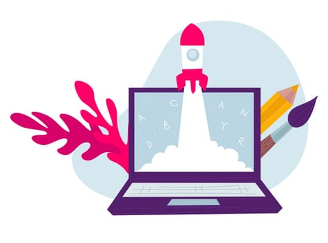 Startup or online education, obtaining knowledge in internet or starting business project using laptop. Computer with flying rocket, pencil and brush with decorative foliage vector in flat style