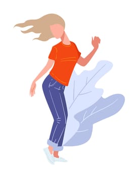 Expressive female character dancing, blonde woman and decorative foliage. Dance studio or class, master class of professional, hobby of girl. Energetic and emotional movements, vector in flat style