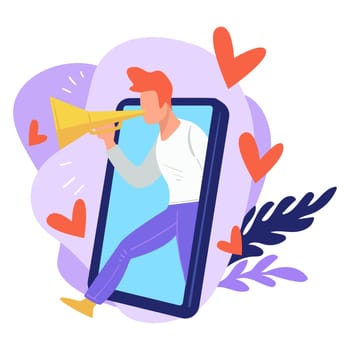 Marketing and successful campaign for attracting followers or clients. Man with bullhorn announcing new promo for customers. Smartphones and online selling marketplaces, vector in flat style