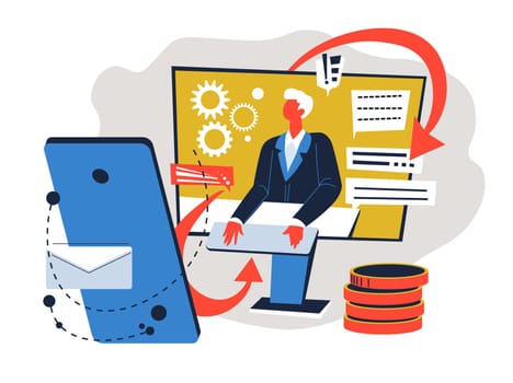 Gadgets and laptops used in business, businessman leading company to success. Finance and analytics, application for directors. Electronic devices for working and commerce. Vector in flat style