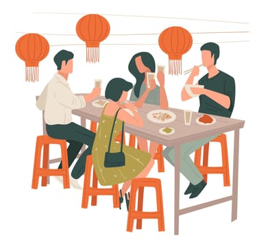 Friends eating at Chinese restaurant, people spending time drinking and tasting food. Oriental cuisine and beverages. Colleagues or partners, couples on double dates. Yummy dishes vector in flat