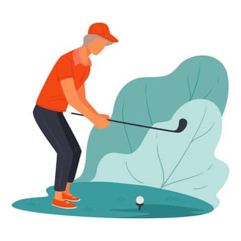 Active lifestyle of senior personage playing golf outdoors in summer. Leisure of pensioner, activities of old people. Professional golfer hitting ball in field, recreational pastime. Vector in flat