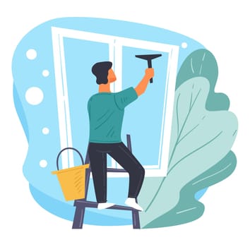 Cleaning company service, maid washing windows with mop
