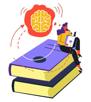 Personage studying with help of books and published sources. Development of skills, self education. Lady with textbook learning information, broadening mind preparing for exams vector in flat style
