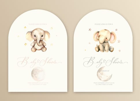 Cute baby shower watercolor invitation card for baby and kids new born celebration with plush elephant toy and stars