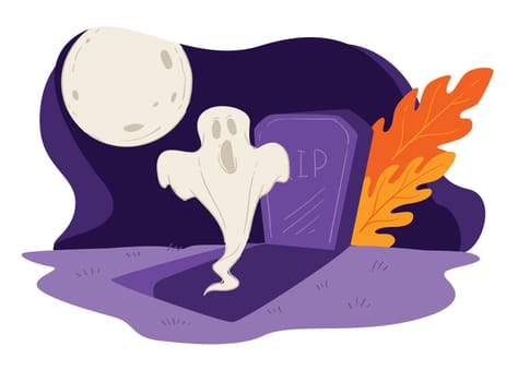 Ghost raising from grave in full moon, halloween mysteries