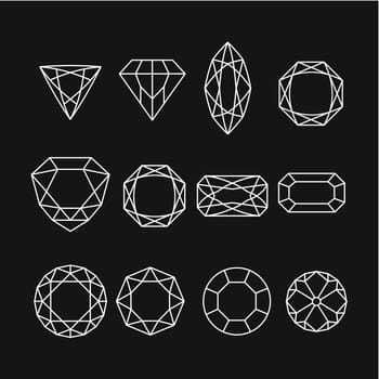 Set of isolated gem stones and thin line design elements, emblems with diamonds.
