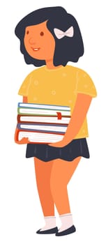 Schoolgirl holding pile of books, pupil with textbooks