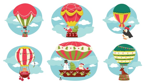 Christmas characters flying in hot air balloons
