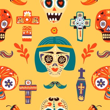 Dia de los muertos, skulls and crosses seamless pattern