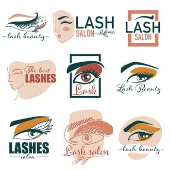 Eyelashes studio, beauty services for women. Isolated set of labels and emblems with calligraphic inscriptions. Beautician procedures and cosmetology for female ladies, makeup vector in flat style