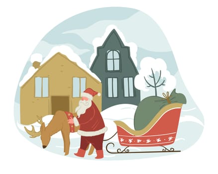 Santa Claus and reindeer with sled in winter city