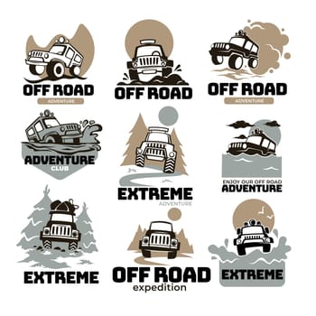 Off road extreme expedition and adventure, labels and emblems