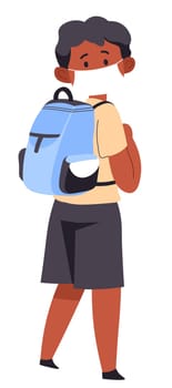 Child wearing medical mask and satchel on shoulders. Isolated male character walking to school during coronavirus pandemic. Kiddo going to classes at education establishment. Vector in flat style