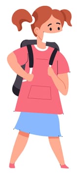 Pupil girl walking with bag wearing medical mask