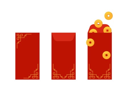 Hongbao red envelopes set. Vector collection of Chinese festive gifts isolated. Traditional envelope with coins, money for Chinese New Year, birthday, wedding and other holidays. Flat illustration