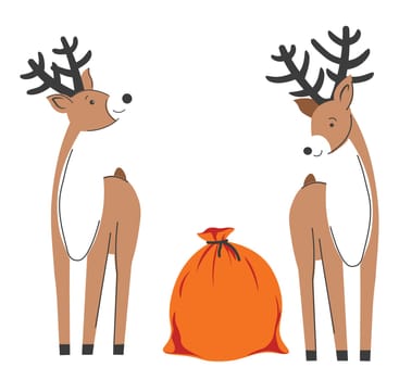 Reindeers with sack of presents, Christmas time
