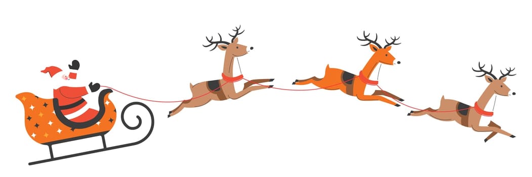 Santa Claus riding sleigh with xmas reindeers