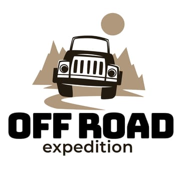 Off road expedition emblem with car in pine forest