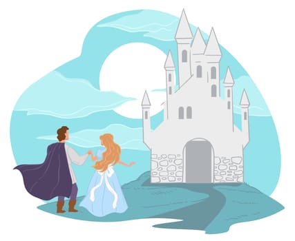 Prince leading princess to kingdom, fairy tale
