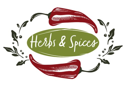 Herbs and spices, emblem with peppers and leaves