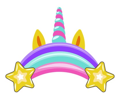 Unicorn horn with ears, rainbow and stars vector