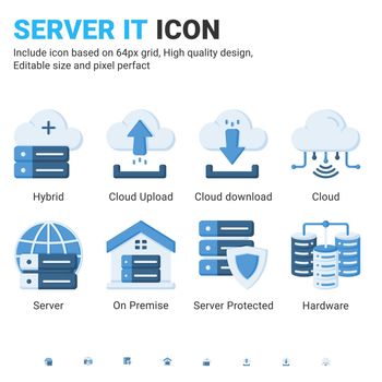 Server IT and technology icon set. Editable size. With flat color style on isolated white background. Server IT icon set contains such icons as cloud, hybrid, server, hardware, on premise and other