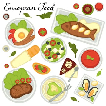 Collection of traditional dishes of European countries. Recipes from europe, fried fish eggs and sausage.