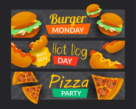 Diner banner set, burger day, hot dog, pizza party
